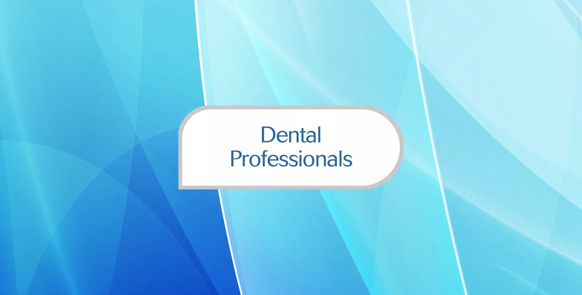 A digital graphic with the words 'Dental Professionals' in blue text inside a white rounded label, set against an abstract blue and light blue background with flowing wave-like lines.