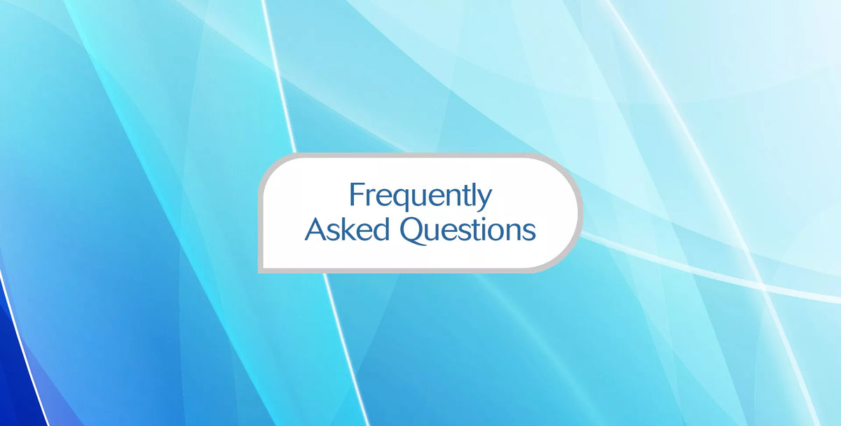 A digital graphic with a blue and light blue abstract background, featuring a white rounded label in the center with the text 'Frequently Asked Questions' in blue.