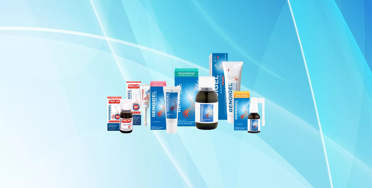 A collection of Gengigel products, including tubes, bottles, and boxes, arranged against a blue and white abstract background.