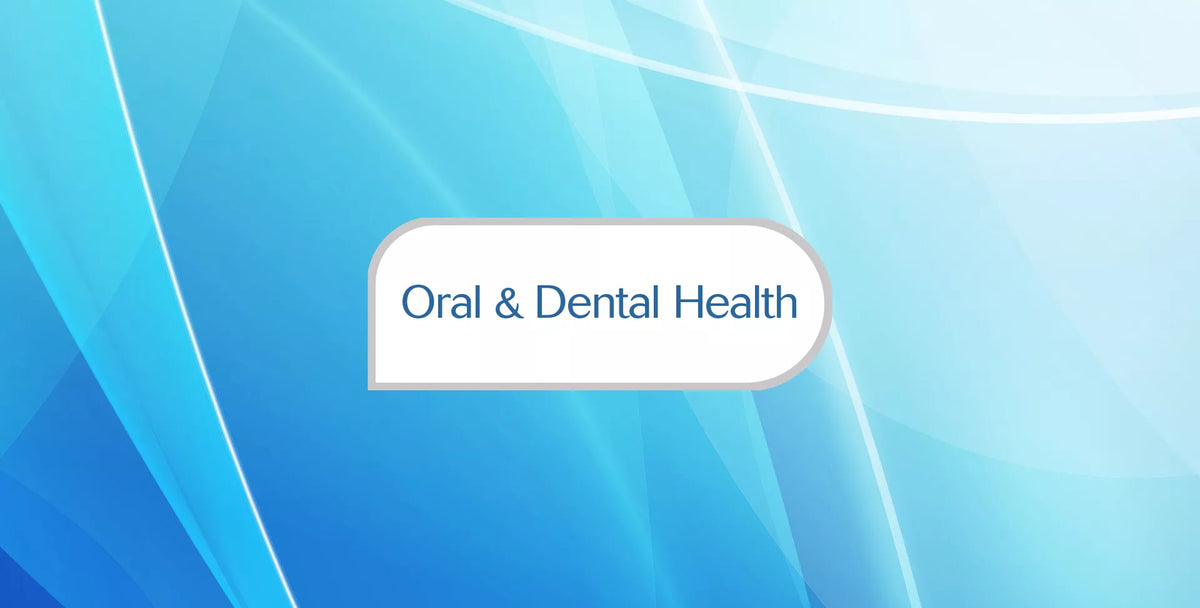 A digital graphic with a blue and light blue abstract background, featuring a white rounded label in the center with the text 'Oral & Dental Health' in blue.