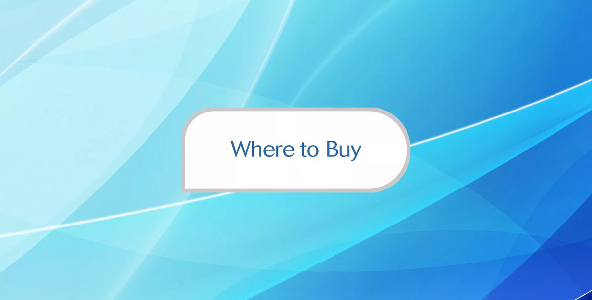 A digital graphic with a blue abstract background and a white rounded label in the center containing the text 'Where to Buy' in blue.