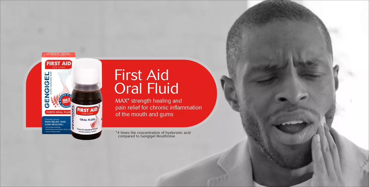 First Aid Oral Fluid product shown with a bottle and box on the left, alongside a grayscale photo of a man holding his jaw in discomfort. The layout includes red text banners and product branding.