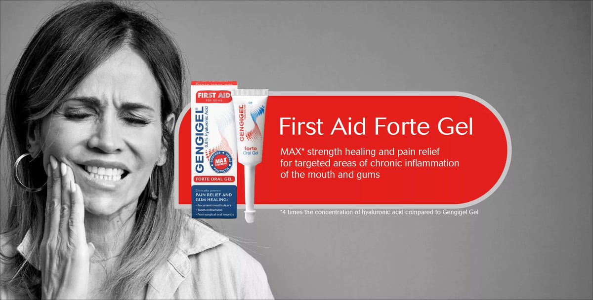 A woman holding her tooth in pain, shown in black and white on the left, next to a red and white product package for Gengigel First Aid Forte Gel on a gray background with a large red text panel.