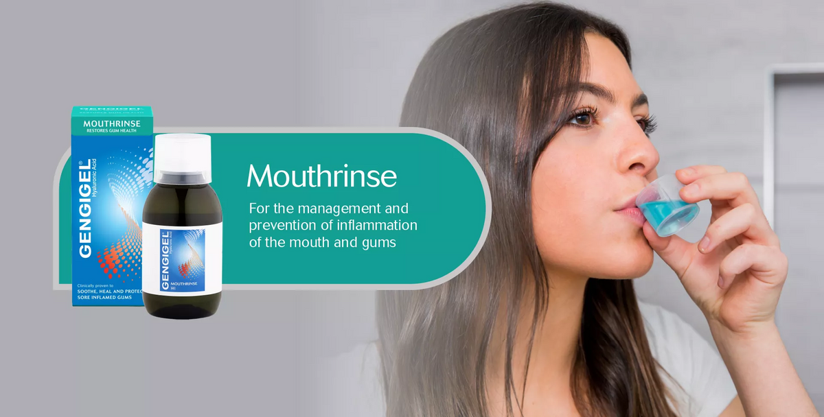 A woman applies a blue mouthrinse spray to her lips in a bathroom setting, with product packaging and a bottle labeled GENGIGEL shown on the left against a teal graphic banner.