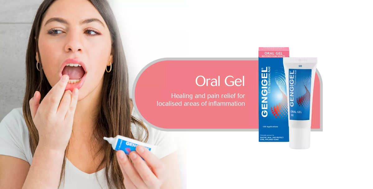 A woman applies an oral gel tube to her mouth while holding a small tube of Gengigel oral gel. The right side shows the Gengigel product packaging, including a blue and white tube, a pink cap, and a matching box, with text reading 'Oral Gel' and 'Healing and pain relief for localised areas of inflammation.