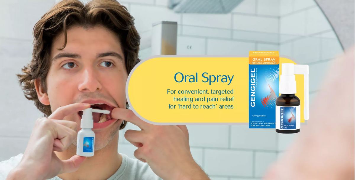 A man in a bathroom applies Gengigel oral spray to his mouth while a yellow graphic overlay reads 'Oral Spray' with product packaging shown on the right.