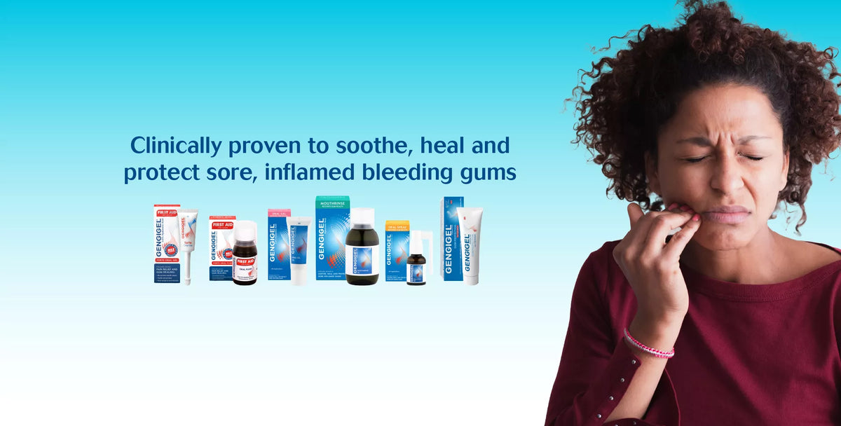 A woman with curly hair on the right holds her hand to her mouth, appearing to be in discomfort. On the left, a row of Gengigel dental product boxes and bottles is shown against a blue gradient background with the text 'Clinically proven to soothe, heal and protect sore, inflamed bleeding gums'.