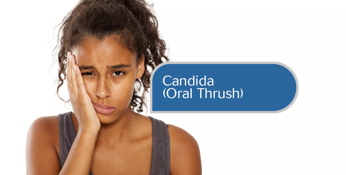 A woman with curly dark hair rests her head on her hand, appearing distressed, with a blue label overlay reading 'Candida (Oral Thrush)' on a white background.