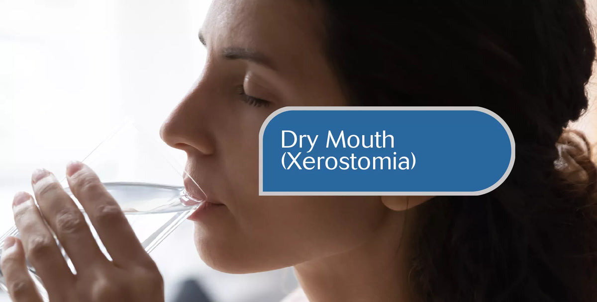 A close-up side profile of a woman drinking water, with a blue label overlay reading 'Dry Mouth (Xerostomia)'.