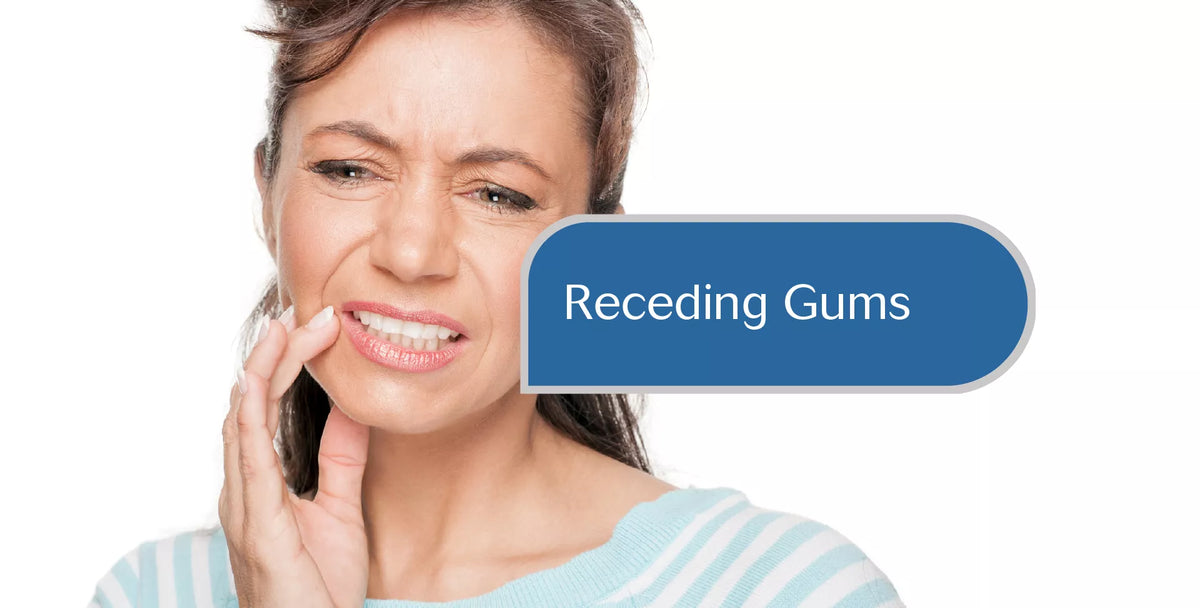 A woman touching her cheek with a distressed expression, next to a blue rounded label that reads 'Receding Gums' on a white background.