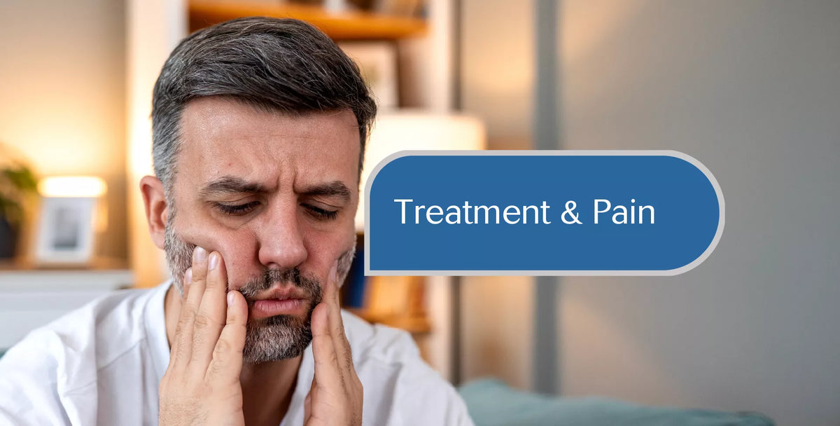 A man in a white shirt sits in a softly lit indoor setting, touching his face in discomfort. A blue rounded label overlay reads 'Treatment & Pain'.